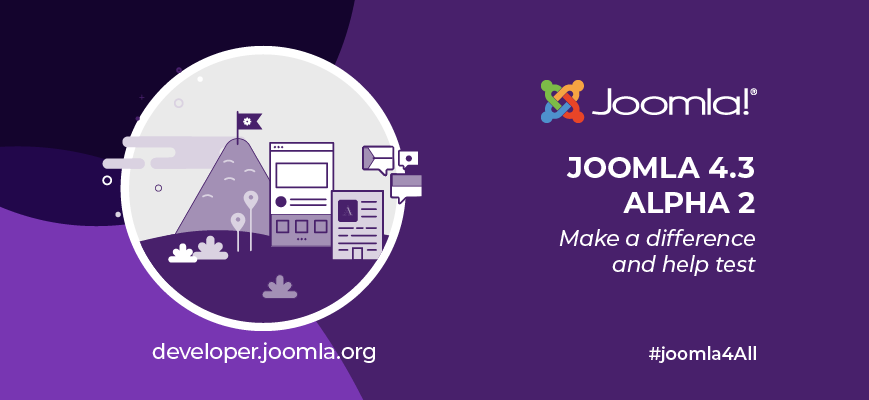 Purple marketing image for Joomla 4.3 Alpha 2 Make a difference and help test
