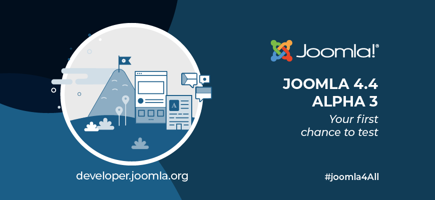 Blue marketing image for Joomla 4.4 Alpha3