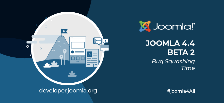 Blue marketing image for Joomla 4.4 Beta 2