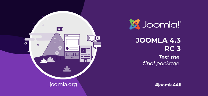 Purple marketing image for Joomla 4.3 Release Candidate 3